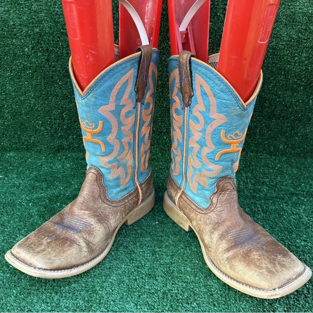 Twisted X Hooey Boots Size 4M Looper Leather Cognac Blue‎ Orange Cowboy Western